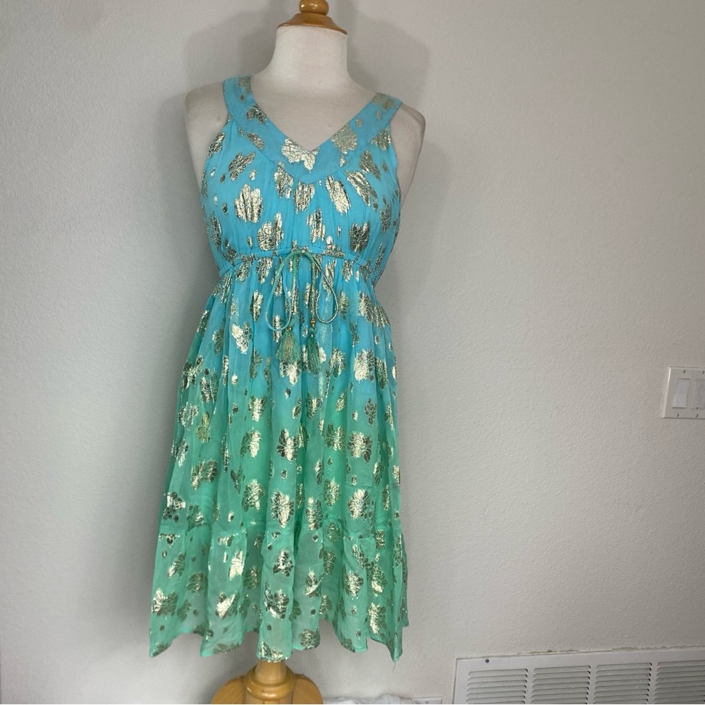 Palak Turquiose Ombre Floral Metallic Foil Fit & Flare Dress Size Medium Boho